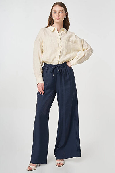 Kayra Ribbed Stitched Comfortable Cut Modal Trousers Dark Navy Blue