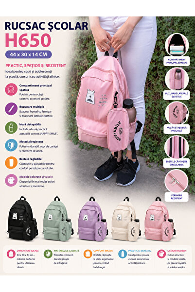 By Rozane Rucsac școlar din poliester H650 – 44x30x14 cm, modele mixte colora...