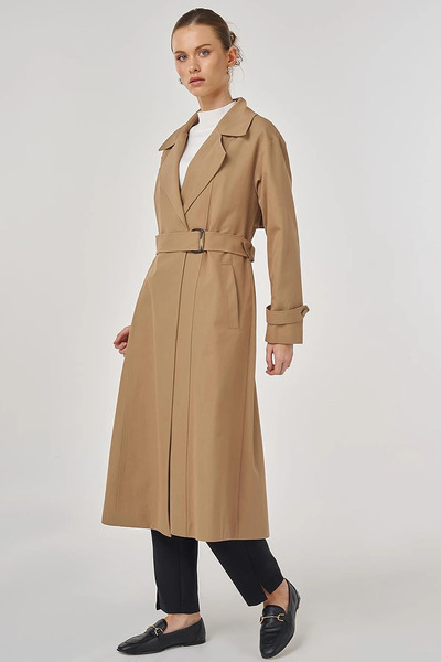 Kayra Men's Collared Long Trench Coat Beige