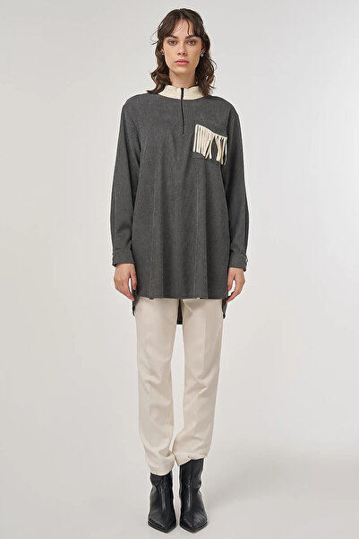 Kayra Tassel Detailed Stand Collar Velvet Tunic Khaki