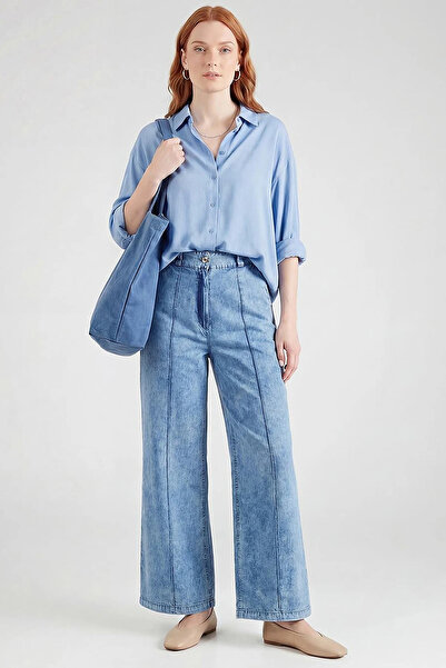 Kayra Washable Grass Stitching Denim Trousers Blue