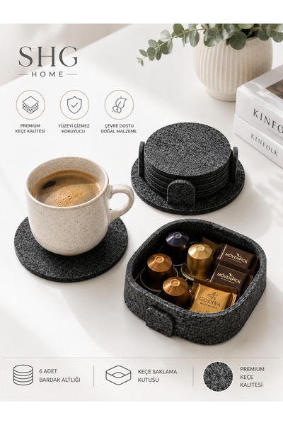 SHG HOME 6’lı Keçe Bardak Altlığı Seti | Keçe Saklama Kutulu