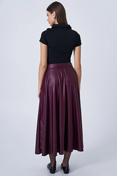 Kayra Shiny Look Flared Skirt Plum