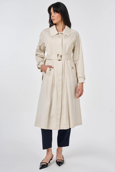 Kayra Şömizye Collar Belted Trench Coat Cream