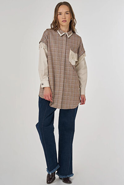 Kayra Tasseled Plaid Pattern Tunic Camel