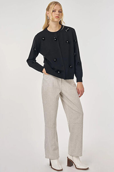 Kayra Floral Embroidered Knitwear Cardigan Black