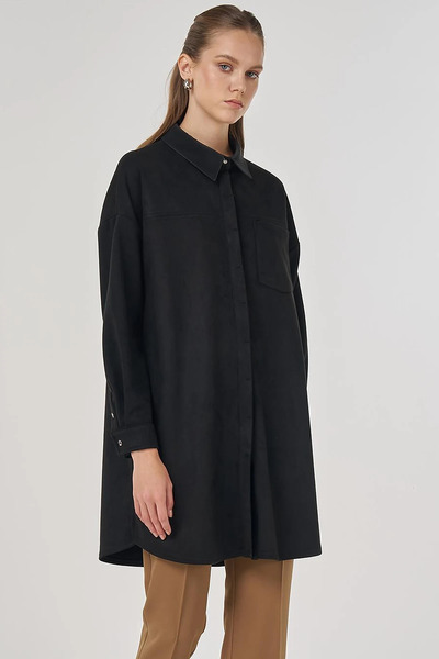 Kayra Shirt Collar Suede Tunic Black