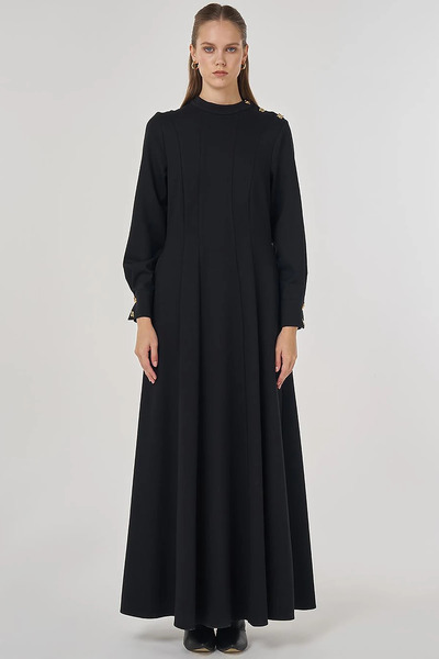 Kayra Shiny Buttoned Rayon Dress Black