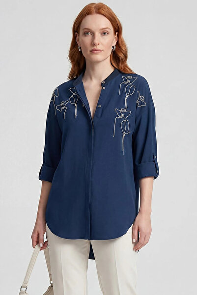 KYR Embroidered College Collar Tunic Dark Navy Blue