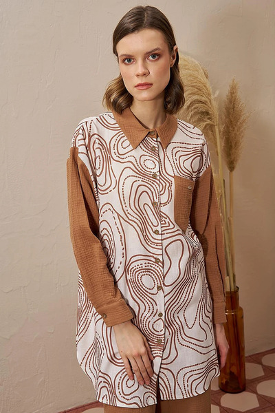 Kayra Muslin Garnished Printed Tunic Tobacco