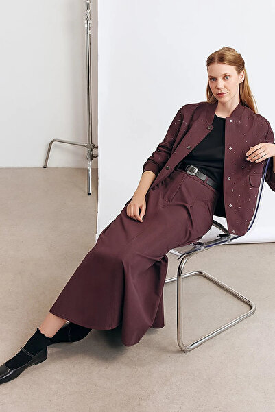 Kayra Hotfix Printed Skirted Suit Dark Claret Red