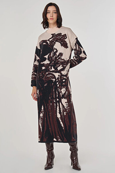 Kayra Abstract Pattern Viscose Knitwear Dress Dark Brown