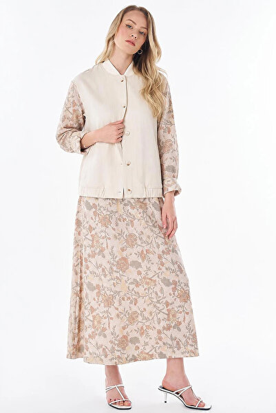 Kayra Floral Pattern Skirt Suit Cream