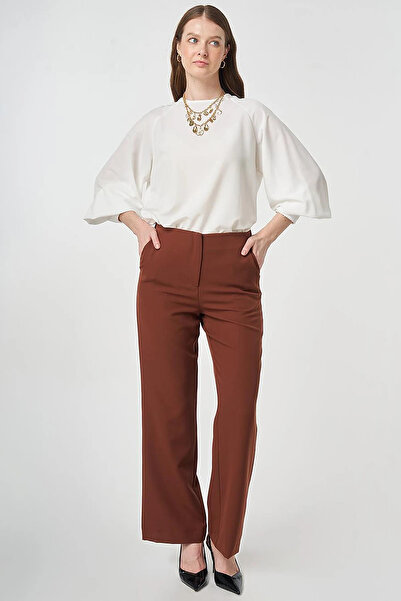 Kayra Elastic Waist Basic Trousers Dark Brown