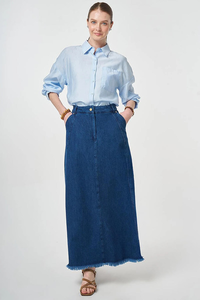Kayra Tifsitmeli Denim Etek Süper Taş Yıkama