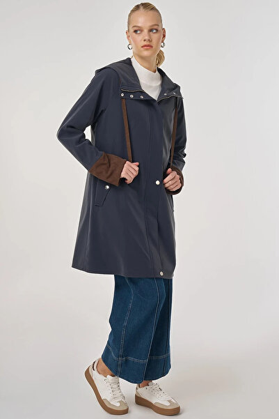 Kayra Velvet Paneled Hooded Cap Dark Navy Blue