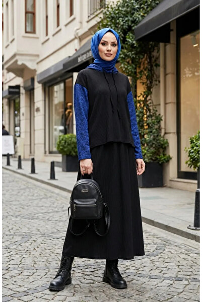 sefamerve Sim Detailed Hooded Piece Set 2221-02 Black Cobalt
