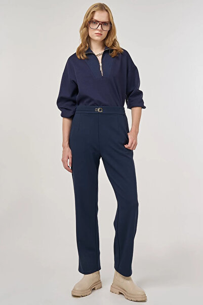 Kayra Metal Buckle Pipe Leg Trousers Dark Navy Blue