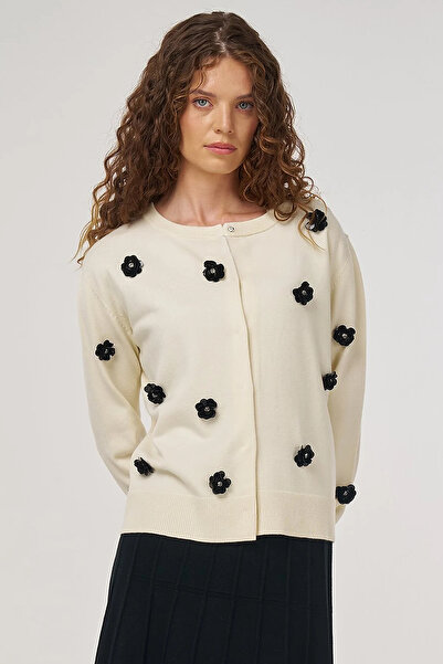 Kayra Floral Embroidered Viscose Knitwear Cardigan Cream