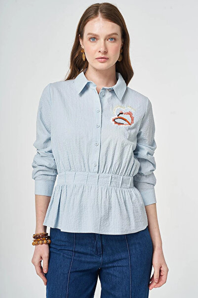 KYR 100% Cotton Embroidered Detailed Gofreli Blouse Blue