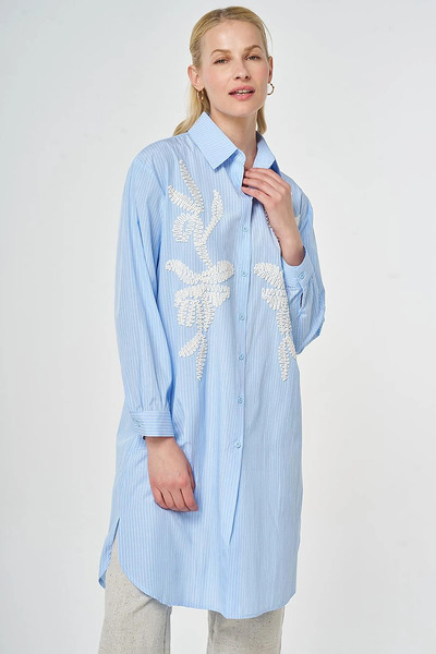 Kayra Embroidery Detailed Cotton Tunic Blue
