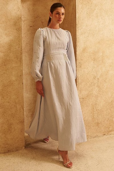 Kayra Stone Embroidered Jacquard Dress Blue