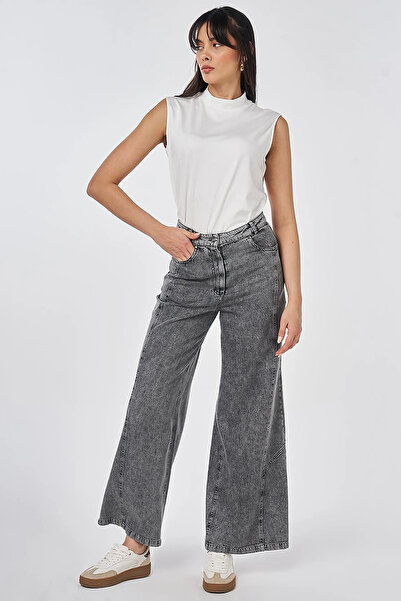 Kayra Washable Denim Trousers with Stitching Detail in Gray