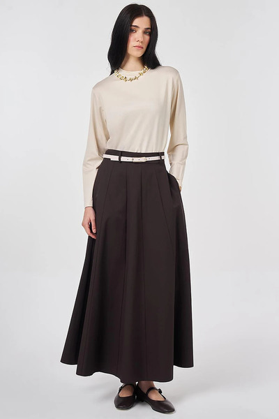 Kayra Belt Detailed High Waist Skirt Dark Brown