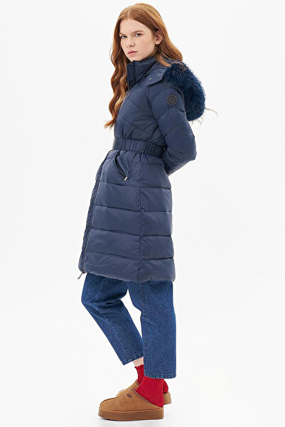 Kayra Zippered Pocket Detailed Goose down Coat Navy Blue