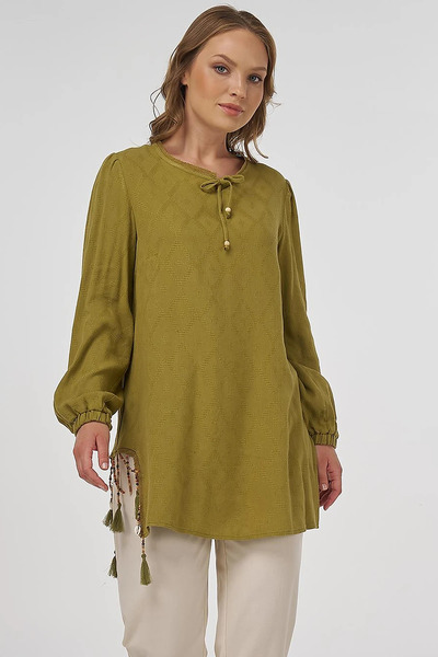 KYR Tassel Detailed Viscose Linen Blouse Khaki