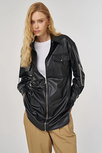 KYR Chain Detailed Faux Leather Tunic Black
