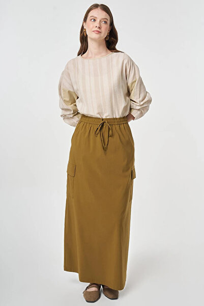Kayra Cargo Pocket Piece Rayon Skirt Khaki