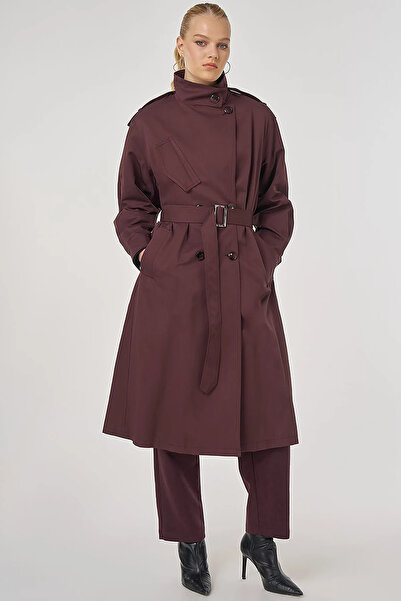 Kayra Epaulet Detailed Belted Trench Coat Dark Burgundy