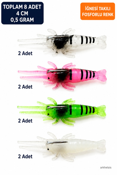 Arkhelais Karides Silikon Balık Yemi 4 cm 8’li Set – 4 Renk Glow Fosforlu, Sp...