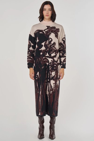 Kayra Abstract Pattern Viscose Knitwear Dress Dark Brown