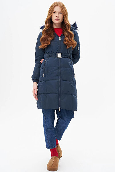 Kayra Hooded Goose down Filled Coat Navy Blue