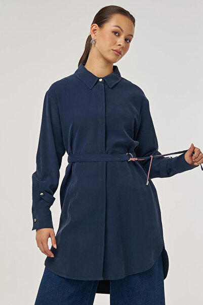 KYR Belt Detailed Rayon Tunic Dark Navy Blue
