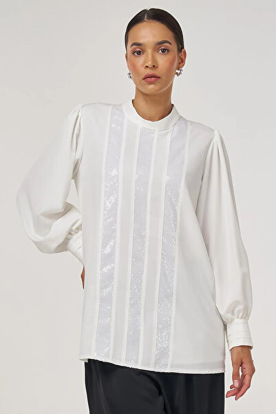 Kayra Sequin Embroidered Stylish Blouse Ecru