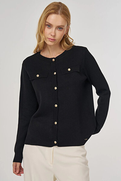 Kayra 100% Viscose Button Detailed Knitwear Cardigan Black