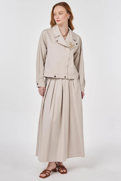 Kayra Stone Detailed Skirt Suit with Embroidery