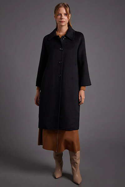 Kayra Premium Wool Buttoned Wide Collar Coat Black
