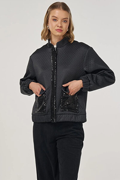 Kayra Sequin Detailed Bomber Jacket Black