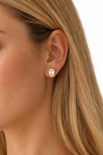 New Obsessions Square Baguette Stone Gold Stud Earrings