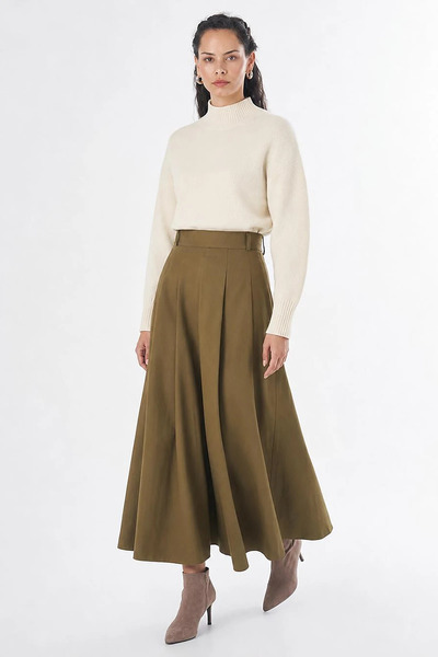 Kayra High Waist Pleated Skirt Khaki