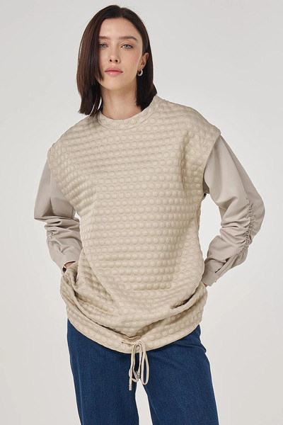 Kayra Textured Fabric Paneled Sweatshirt Stone