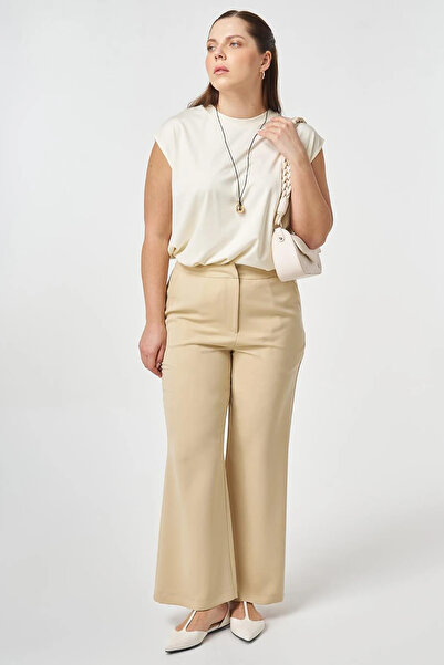 Kayra Elastic Waist Wide Leg Trousers Beige