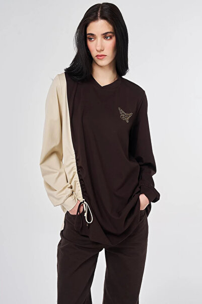 Kayra Drawstring Detailed Combed Cotton Tunic Dark Brown