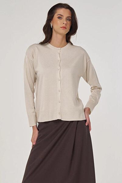 Kayra Button Detailed Shirt Collar Cardigan Ecru