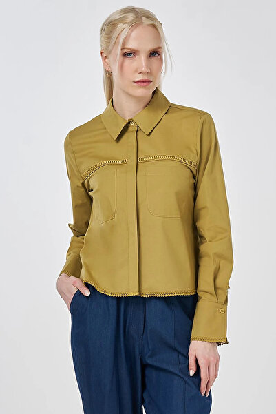 KYR Striped Eyelet Embroidery and Cotton Piece Blouse in Oil Green