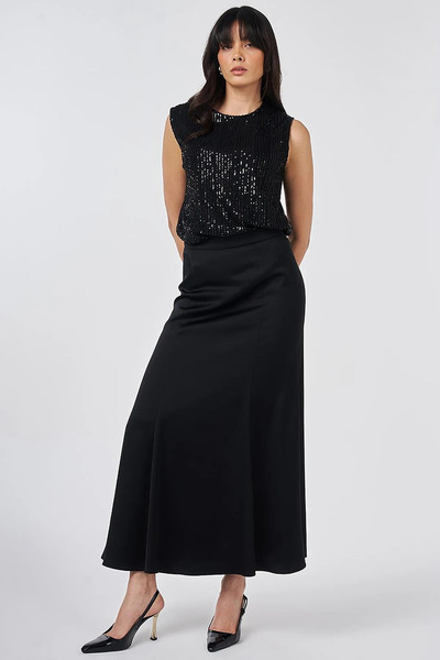 Kayra High Waist Satin A-Line Skirt Black